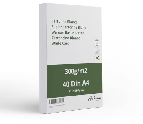 40 Kartonpapier A4 Weiß 300gr/m2 - Packung mit 40 Blatt 21x29,7cm Zeichenkarton - Dickes papier a4 zum drucken - Bastelkarton zum Ausschneiden, Malen, Zeichnen und Bedrucken