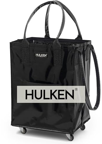 HULKEN - Medium Black Shopping Trolley on Wheels Foldable & Reusable - Rolling Shopping Bag with Wheels - Wheeled Tote - 66 lb Limit, Zipper Closure, Water-Resistance, & Unbreakable Handles