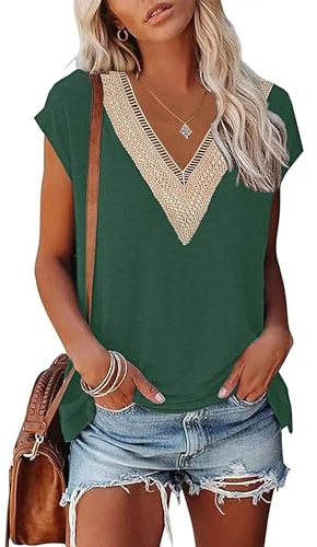 PLOKNRD T-Shirt D'été à Manches Courtes pour Femme Col en V et Élégant Décolleté Dentelle Été Top Lâche Classique