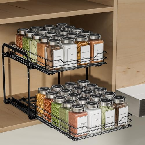 ZDDLOINP Pull Out Spice Racks for Inside Cupboard, 2 Tier Spice Rack, Spice Rack for Cabinet Height Adjustable, Heavy Duty Slide Out Spice Racks Organizer L10.4*W9.4*H9.1inch