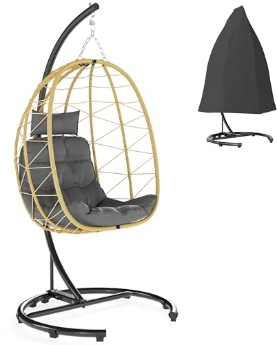Outsunny Poltrona Sospesa 150kg max con Cesto Pieghevole e Cuscini, Poltrona a Dondolo da Giardino in Acciaio e Rattan PE, 102x102x195 cm, Nera Grigia e Beige