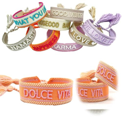 LS-LebenStil Exklusives Statement Armband - das Original - Dolce Vita Orange 16-20cm Quasten besticktes Boho Canvas Webarmband Damen Freundschaftsarmband Geschenk gewebt textil Stoffarmband