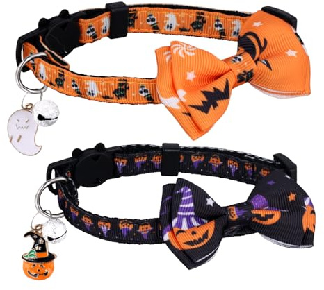 2pcs Halloween Cat Collar, Adjustable Cat Collar Bow Tie Breakaway Ghost Pumpkin Pattern Kitty Collar with Bell Decoration Accessories for Puppy Kitten