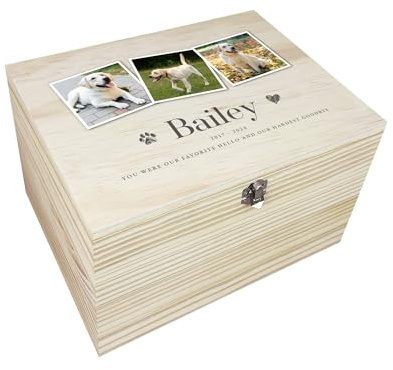 Personalised Wooden Pet Memorial Three Photo Keepsake Box | Customisable Name, Dates and Verse | Gift for Dog or Cat Remembrance | Pine Wood with Metal Hinges and Clasp | W20 x D15 x H11cm