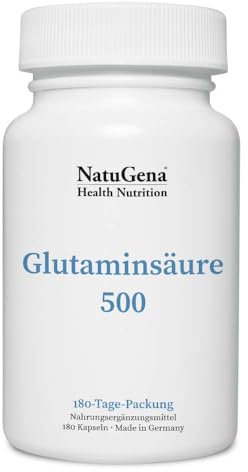 NatuGena Glutaminsäure, 500 mg reine Glutaminsäure pro Kapsel, L-Glutamin, nicht-essentielle Aminosäure, 180 Kapseln (180 Tage Packung)