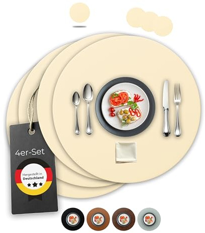 Lederfabrik Garnier® Tischsets Abwaschbar 4er-Set – Nachhaltig, Stabil & rutschfest – Edles recyceltes Leder, Made in Germany (Rund, Beige)