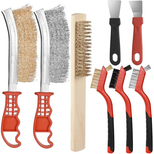 8 Pcs Wire Brushes For Cleaning, Wire Brush Set With Brass Wire Brush And Steel Wire Brush, Metal Brush Set With 2 Scrapers, 3 Sizes Of Steel Brush, Hand Wire Brush For Rust Removal