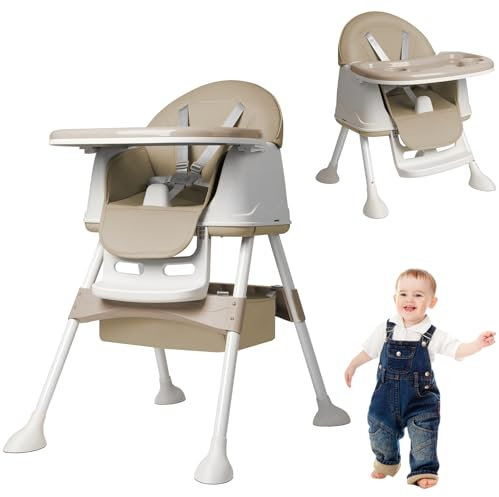 XINZI 3-in-1 Kinderhochstuhl Klappbarer Baby Essstuhl mit Rollen, Verstellbarem Doppeltablett und Höhenverstellbarem Sitz, Multifunktionaler Stuhl für Babys und Kleinkinder, Beige