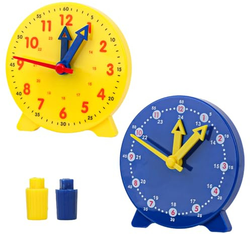 XXHUO Learning Clock For Kids, 2pcs Learn To Tell The Time Clock Teaching Clocks For Children Telling The Time Portable Moveable Hands Clock 24 Hour Durable Maths Learning In Classroom Blue Yellow