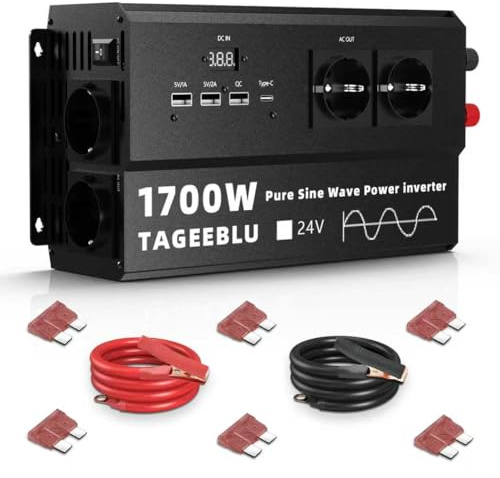 TAGEEBLU 1700W Inversor 24v 220v Onda Pura, Transformador 24v a 220v camion con Clip de cocodrilo, 4 Toma de Corriente UE, 3 interfaces USB-A, TypeC 30W y Pantalla LCD