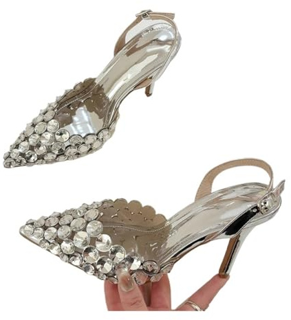 Scarpe da Donna con Punta a Punta, Eleganti, in PVC Trasparente con Cristalli, Tacchi Alti Sottili e Cinturino Posteriore(Silver,39)