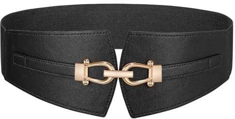 SANSTHS Black Ladies Belts for Dresses Wide Elastic Waist Belt with Leather Gold Buckle Elegant for Dress Sweater Coat All Occasions Black M