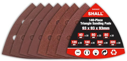 SHALL 140 pezzi di carta vetrata triangolare, 93 x 93 x 93 mm, carta vetrata triangolare con a 6 fori, 7 grane: 40/60/80/120/180/240/320