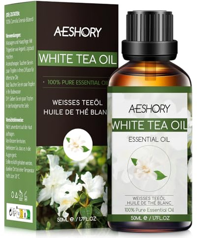 AESHORY Vitt Te Eterisk Olja 50ML, Naturliga Vit Teolja Aromaterapioljor, Premium Aroma Diffusorolja Aromaterapi Doftolja för Diffusor, Hudvård, Hårvård, Avslappning, Massage, Bad
