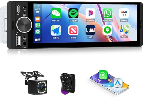 Single Din Car Stereo with 6.28 inch Touchscreen Wireless Carplay Android Auto Mirror Link FM Type C EQ Car Radio USB backup Camera Steering Wheel Control