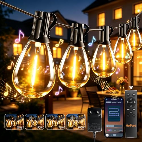 HeiPard Guirnalda Luces Exterior 10m, Luces LED Exterior con 15+1 S14 Bombillas 2700K, Mando RF y APP Inteligente, Regulable 4 Brillo 3 Modos, IP44 y Seguro 24V, para Luces Exterior Jardín y Terraza