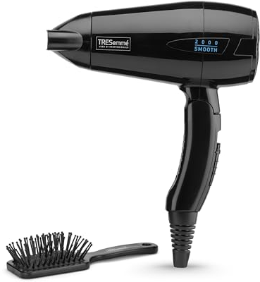 TRESemme Smooth Lustre Folding 2000 Travel Dryer, lightweight 2000W hair dryer with folding handle, includes mini hairbrush, dual voltage for worldwide use, 5549U