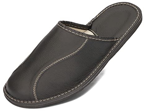 BeComfy Pantofole da Uomo Ciabatte in Pelle Naturale Scarpe da Casa Nero Marrone Rosso 40-50 EU (Inchiostro, 42)