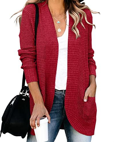 Saodimallsu Cárdigan suelto con frente abierto para mujer, de manga larga, casual, ligero, suave, con bolsillos, Rojo vino, L