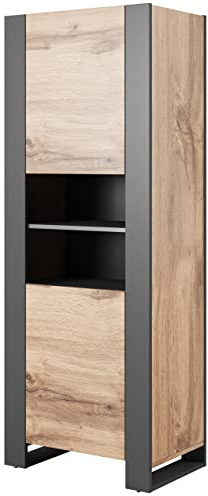 Furniture24 Schrank Wood Vitrine Hochschrank Wohnzimmerschrank 2 Türiger 5 Einlegeboden Wotan Eiche