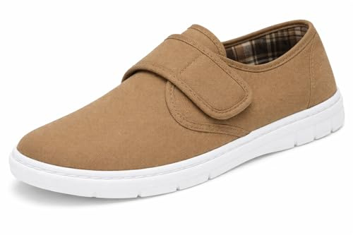 GladRags Mens Canvas Hook & Loop Strap Closure Wider Fit Plimsoll Pump Trainer Deck Shoe, Taupe, Size 8