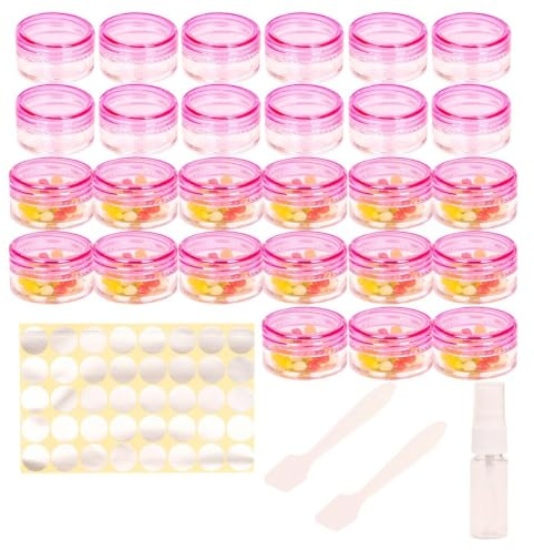 27 Pcs sample pots,5ml with lids cosmetic pot, mini cream empty containers,pink small with makeup lip balm jars,for travel face cream, samples, cosmetics empty pot