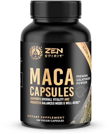 Zen Spirit Maca Root Capsules Gelatinized - Yellow, Red & Black Powder Blend - Organic & Vegan Certified - 180 Pills 500mg - Supplement for Men and Women
