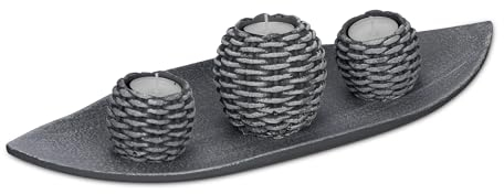 Relaxdays Kerzen Deko, Dekotablett & 3 Teelichthalter, Tischdeko Wohnzimmer, Dekoteelichter, Kerzenständer, grau/weiß