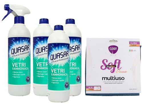 SET PULIZIA: Quasar VETRI con AMMONIACA, Detergente Senza Aloni, Sgrassa, Asciuga Rapido, 580ml + Panno In Microfibra Multiuso SOFT, 33x33 (Colori Assortiti) (1 Spray + 3 Ric + 1 Panno)