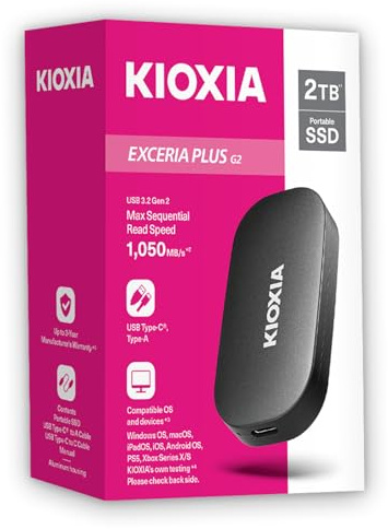 KIOXIA EXCERIA PLUS G2 Portable SSD – 2TB External Drive, USB 3.2 Gen 2, up to 1050MB/s Read & 1000MB/s Write – Compatible with Windows, macOS, iOS, Android, PS5, Xbox Series X/S