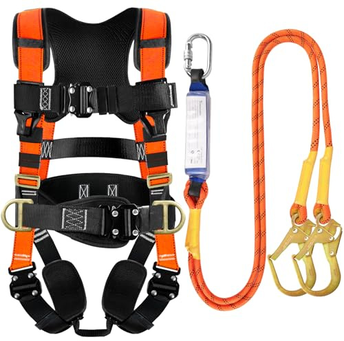 TRSMIMA Safety Harness Fall Protection - Roofing Harness Kit Men Full Body Construction Harness with Lanyard for Work Upgrade 4 Quick Buckles Orange