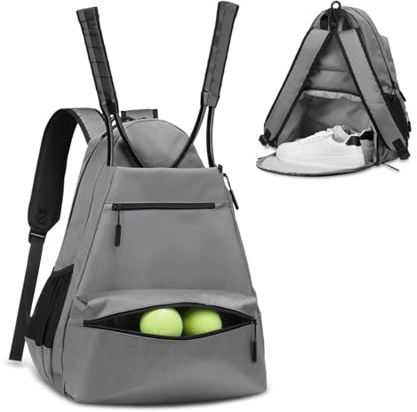 SUIKIHUM Tennis Backpack for 2 Rackets, Waterproof Tennis Bag with Shoe Compartment, Wet/Dry Pocket, Fence Hook, for Tennis, Pickleball, Badminton, Gray