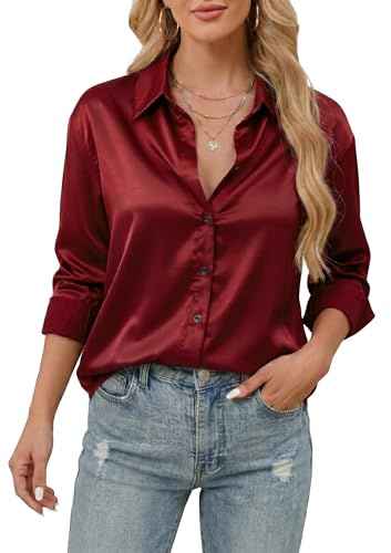 Stamain Chemisier Femme Satin V La Soie Élégante Blouse Chic Manches Longues Chemise Boutons Ample Manches Longues Chemisier Top Rouge XL