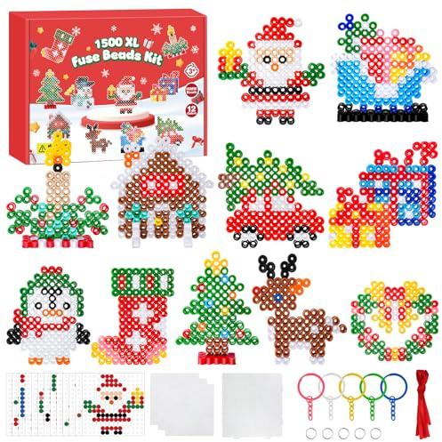 PITMT Bügelperlen Groß Set 10mm, 1500 Stück XL Steckperlen Weihnachten 12 Farben mit Steckplatte, 12 Muster 3 Bügelpapier 5 Schlüsselanhänger für Kinder ab 3 Jahren Kreatives Basteln Handwerk Geschenk