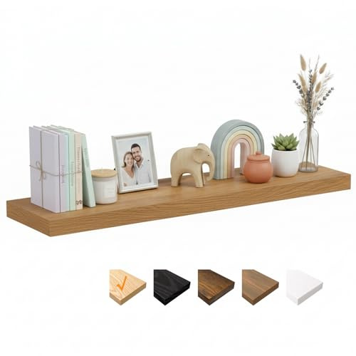 RICHER HOUSE Vägghylla i Ek, 120 x 23,5 x 3,8 cm, väggskiva, MDF-trä, 1 set | Trähylla vägg med osynliga fästen, svävande hylla för sovrum, vardagsrum, badrum, kök, tvättstuga, kontor