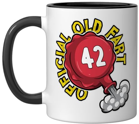 42nd Birthday Official Old Fart Funny Red Whopee Cushion Ceramic Mug, Black/White