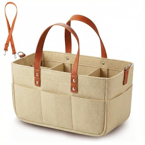 Anhow Shoppingväska i filt 30 l med fack, shoppingkorg, shoppingkorg, shoppingväska för utomhusbruk, picknick, shopping, förvaring, kaki, 40 x 27 x 27 cm