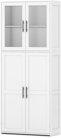 RELAX4LIFE Tall Bathroom Cabinet, 168cm High Freestanding Storage Cupboard with Tempered Glass Door, Adjustable Shelf and Hanging Hooks, Wooden Floor Cabinet Narrow Storage Unit (White)