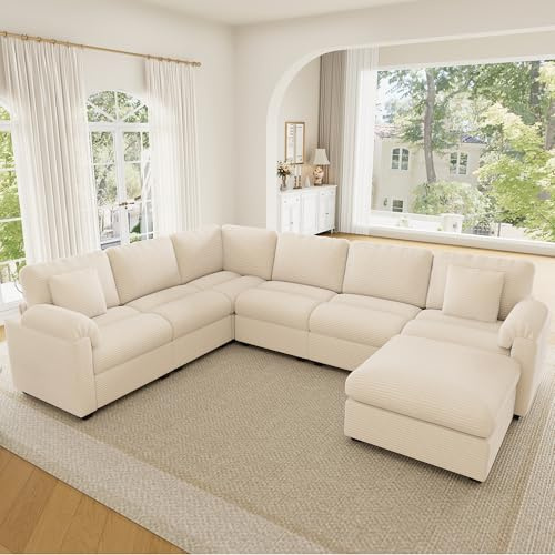 Sapgaks Canapé d'angle modulable en L/U,Canapé 7 Places en Velours côtelé avec Coussins,Pouf séparé,canapé Multifonctionnel et spacieux,Beige