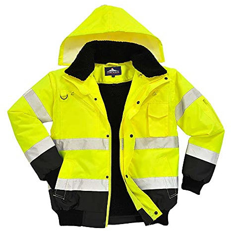Portwest C465 Hi-Vis 3-in-1 Waterproof Contrast Hooded Bomber Jacket with Pockets - Reflective Outdoor Safety Security Workwear Coat, Yellow/Black, S