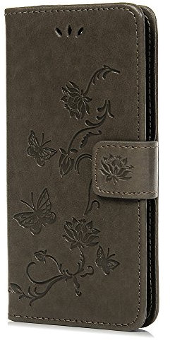 Samsung Galaxy A6 Phone Case 2018, PU Leather Flip Notebook Wallet Case Embossed Lotus Butterfly with Stand Card Holder ID Slot Folio TPU Bumper Protective Skin Cover for Samsung Galaxy A6 Gray