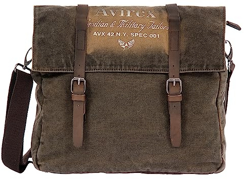 Avirex Messenger in Canvas e Pelle Bovina Anticata, Cartella a Tracolla Regolabile in Stile Militare, Collezione 140506 CNV0D (Verde Kaki)