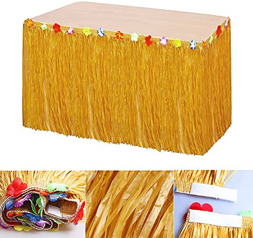 OTMVicor Jupe de table hawaïenne, jupe de conte d'herbe de 2,9 m avec fleurs, décoration hawaïenne pour fête hawaïenne