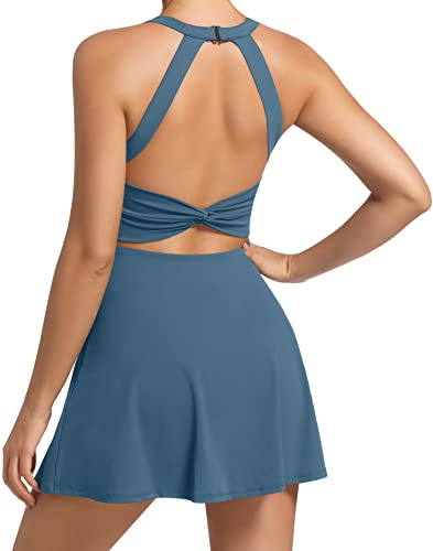Womens Workout Tennis Dress with Built in Shorts and Bra Athletic Golf Activewear for Exercise, Blue, XL