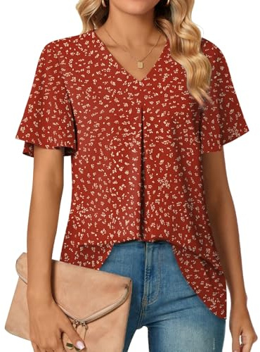 Anyally Women's Summer Dressy Chiffon Blouses Plus Size V Neck Ruffle Short Sleeve Tunic Tops for Leggings Casual T-Shirts, 3XL Polka Dots Red