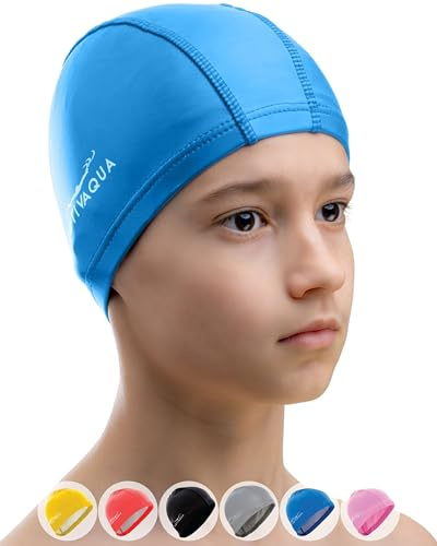 AqtivAqua Bonnet de Bain pour Enfant, Femme et Homme - Bonnet de Natation Piscine (Bleu, Taille Enfant)