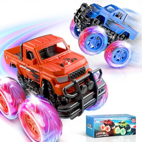 Winstico Monster Truck Toys for 2 3 4 Year Old Boys Gifts - Light Up Toy Cars for Boys Age 2 3 4 - Inertial Pull Back Cars Gifts for Toddler Kids Age 2-5 Presents (2 Pack)