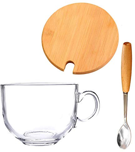 WIHXES Grande Tasse à Soupe de 450ml avec Poignées, Bol à Soupe en Verre Transparent avec Couvercle et Cuillères, Tasse de Petit Déjeuner pour Flocons d'Avoine, Salade, Dessert, Lait (450ml/15.2oz,C)