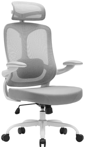 Magic Life Ergonomic Office Chair, Adjustable Headrest Desk Chair For Home Office, Adjustable Computer Mesh Swivel Chair With 90° Flip-up Armrest & Lumbar Support (White)