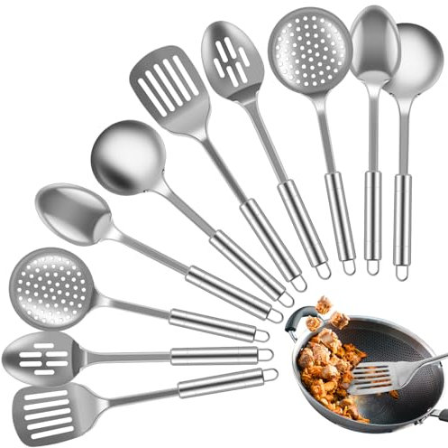 10Pcs Stainless Steel Kitchen Utensils Set, Heat Resistant Spoons Spatula Set with Hanging Hole, Non-Stick Cooking Tools, Kitchen Tools Gadgets Set for Cooking,Dishwasher Safe (10PCS)